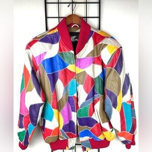 80s 90s Rare Leather David Green Multi-Color Appliqué Patchwork Jacket